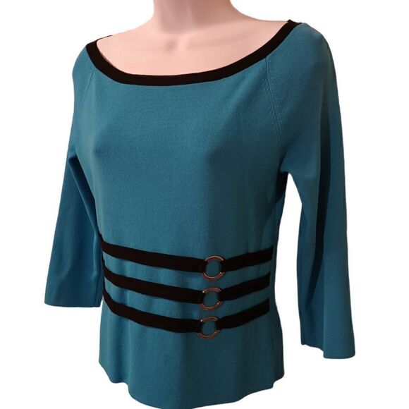 Pointelle turquoise/black bateau neck knit top sweater size S - Picture 3 of 6